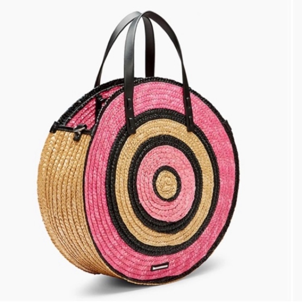 REBECCA MINKOFF STRAW RAFFIA CIRCLE PINK ROUND TASSEL UNIQUE TOTE BAG